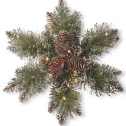 Hot 14 in. Pre-Lit Glittery Bristle Pine Snowflake with Warm White LED Lights Pre-Lit Christmas Wreaths