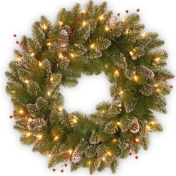 New 24 in. Pre-Lit Glittery Mountain Spruce with LED Lights Pre-Lit Christmas Wreaths|21-24 Inch Christmas Wreaths
