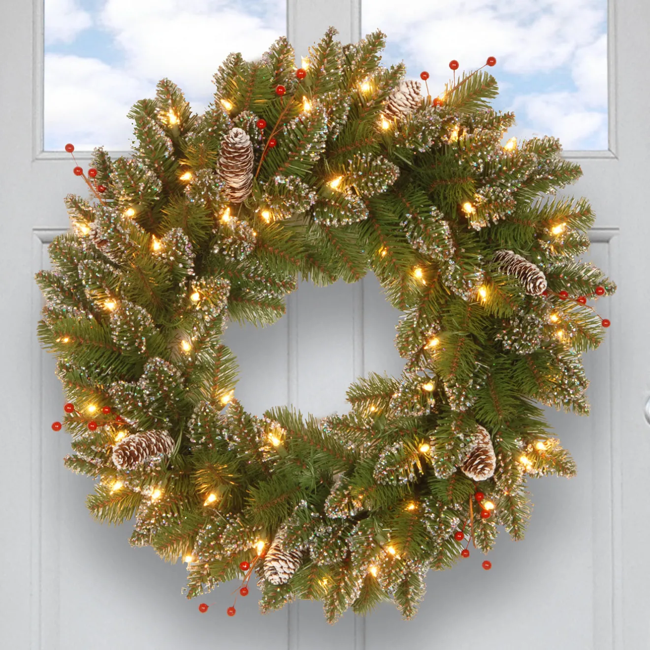 New 24 in. Pre-Lit Glittery Mountain Spruce with LED Lights Pre-Lit Christmas Wreaths|21-24 Inch Christmas Wreaths