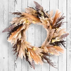 Best 26 in. Pre-Lit Halloween Orange and Black Pampas Wreath with LED Lights Wreaths