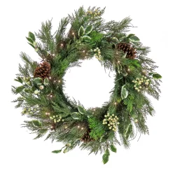 Outlet 28 in. Pre-Lit HGTV Home Collection Holly and Berry Wreath Pre-Lit Christmas Wreaths|25-36 Inch Christmas Wreaths