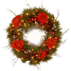 New 24 in. Pre-Lit Hydrangea Pine Wreath with Warm White LED Lights Pre-Lit Christmas Wreaths|21-24 Inch Christmas Wreaths