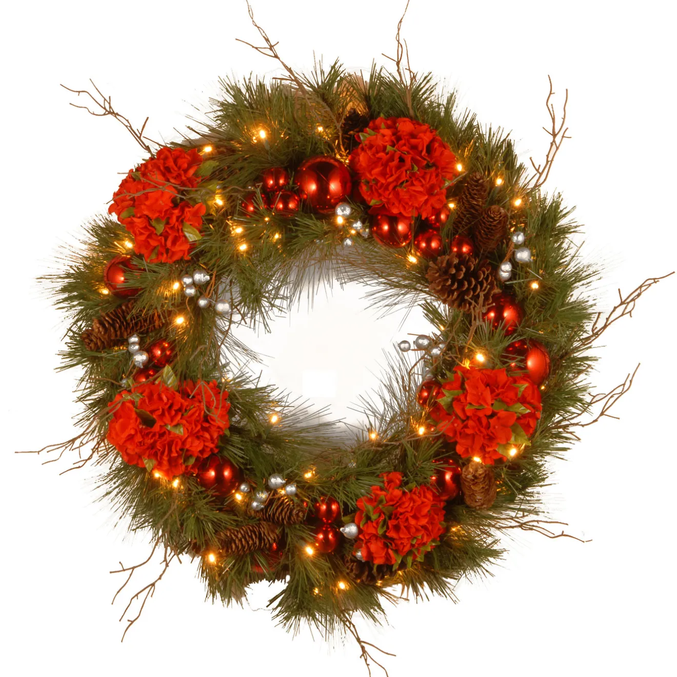 New 24 in. Pre-Lit Hydrangea Pine Wreath with Warm White LED Lights Pre-Lit Christmas Wreaths|21-24 Inch Christmas Wreaths