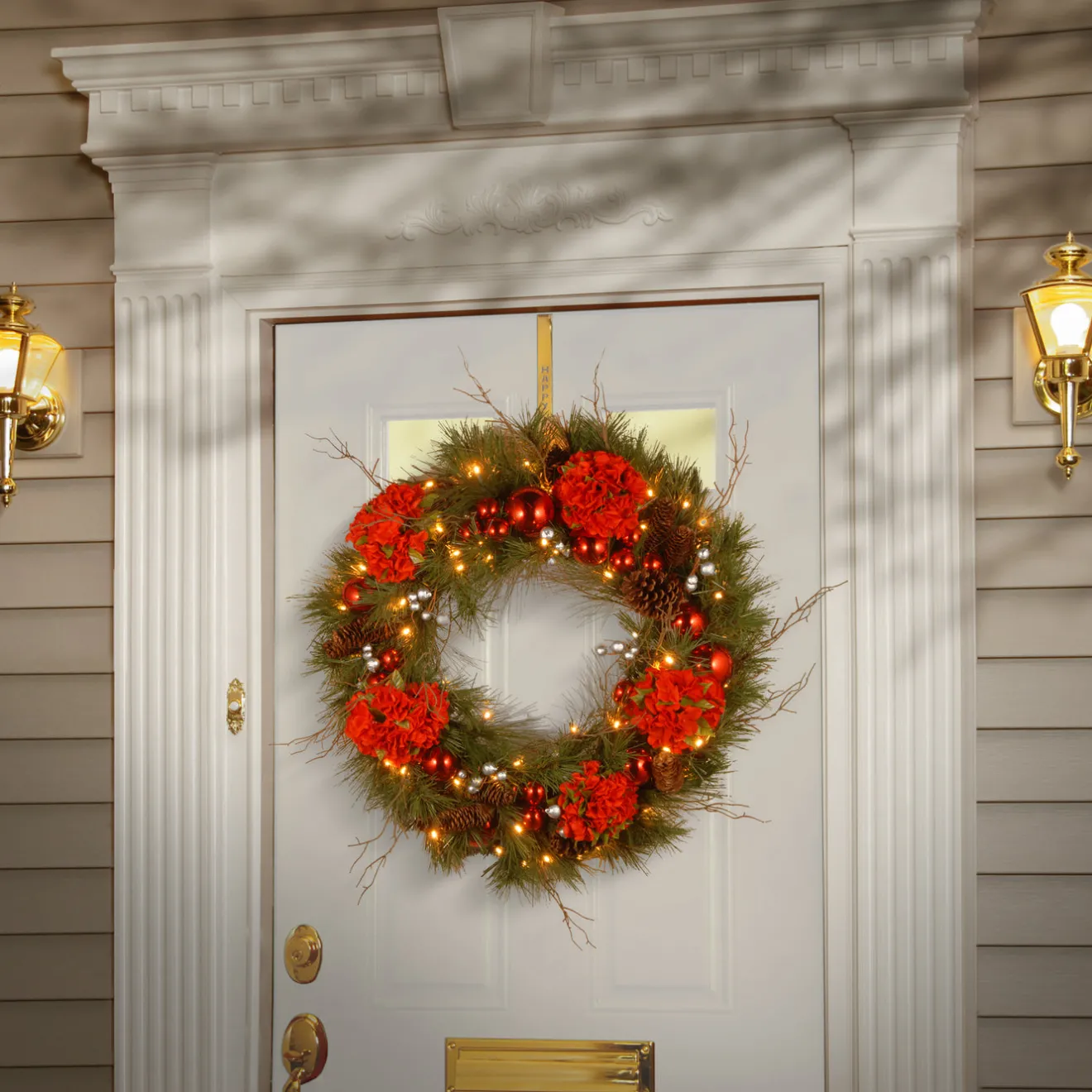 New 24 in. Pre-Lit Hydrangea Pine Wreath with Warm White LED Lights Pre-Lit Christmas Wreaths|21-24 Inch Christmas Wreaths
