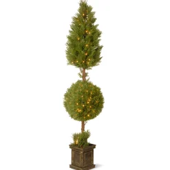 Best 72 in. Pre-Lit Juniper Cone and Ball Topiary Tree in a Black Square Pot with Clear Lights Topiaries & Shrubs