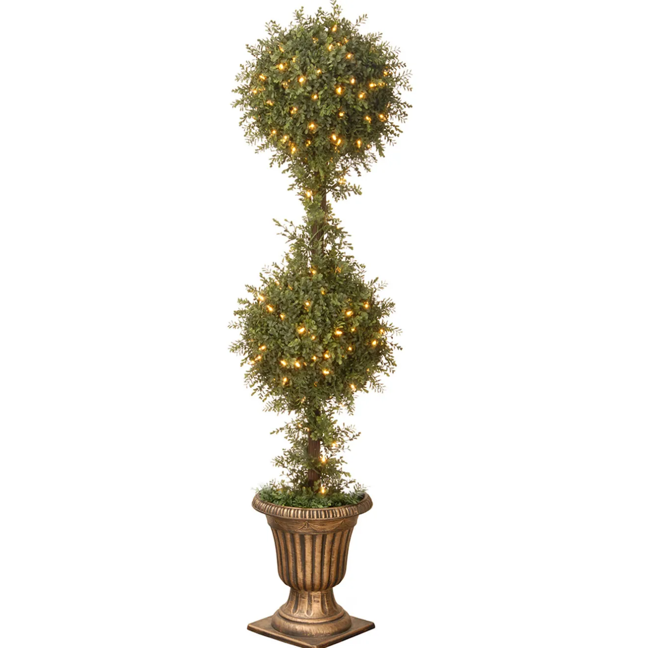 Online 60 in. Pre-Lit Mini Tea Leaf 2 Ball Topiary in a Gold Urn with Clear Lights Topiaries & Shrubs