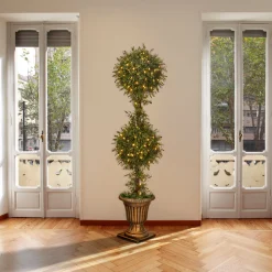 Online 60 in. Pre-Lit Mini Tea Leaf 2 Ball Topiary in a Gold Urn with Clear Lights Topiaries & Shrubs