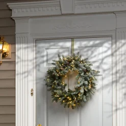 Outlet 24 in. Pre-Lit Snowy Morgan Spruce Wreath with Dual Color LED Lights Pre-Lit Christmas Wreaths|21-24 Inch Christmas Wreaths