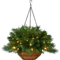 Outlet 20 in. Pre-Lit Tiffany Fir Hanging Basket with Warm White LED Lights Hanging Baskets