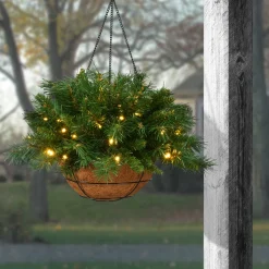 Outlet 20 in. Pre-Lit Tiffany Fir Hanging Basket with Warm White LED Lights Hanging Baskets