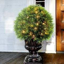 Discount 27 in. Pre-Lit Upright Juniper Ball Topiary Tree in a Decorative Urn with Clear Lights Topiaries & Shrubs