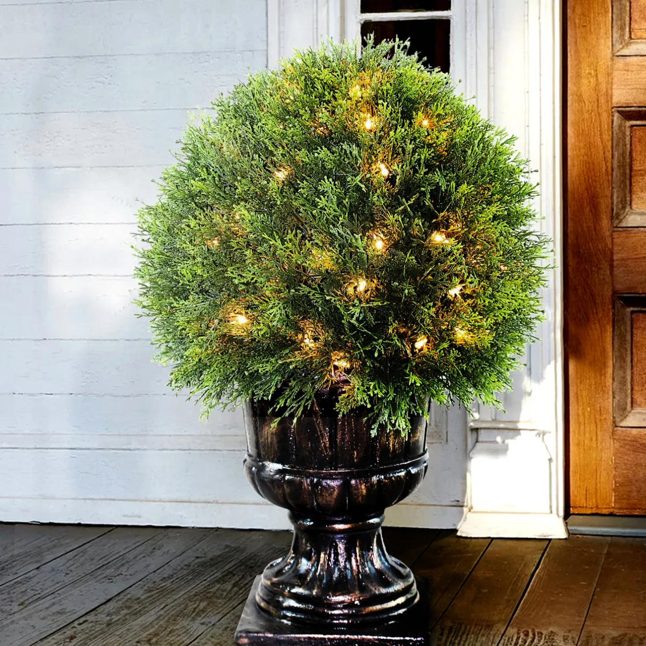 Discount 27 in. Pre-Lit Upright Juniper Ball Topiary Tree in a Decorative Urn with Clear Lights Topiaries & Shrubs