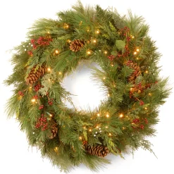 New 30 in. Pre-Lit White Pine Wreath with Warm White LED Lights 25-36 Inch Christmas Wreaths