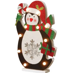 17 in. Pre-Lit Wooden Penguin Decorative Accents