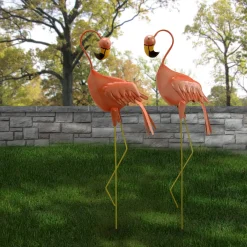 Best 34 in. Resting Peach Flamingo Metal Lawn Decoration Outdoor Decor