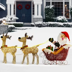 Sale 34 in. Santa and Reindeer with Clear Lights Yard Decorations