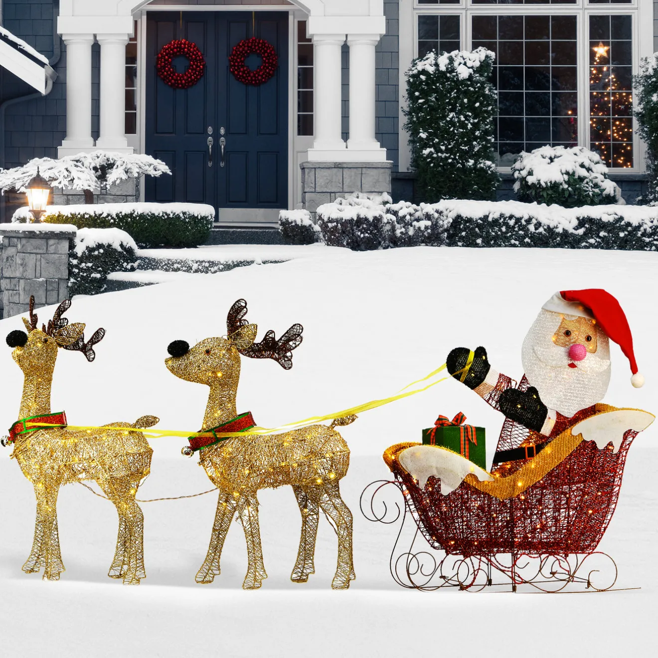 Sale 34 in. Santa and Reindeer with Clear Lights Yard Decorations