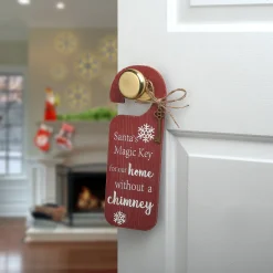 Sale 12 in. Santa's Key Doorknob Christmas Sign, Red with White Lettering and Decorative Ornate Key, Snowflakes Decorative Accents