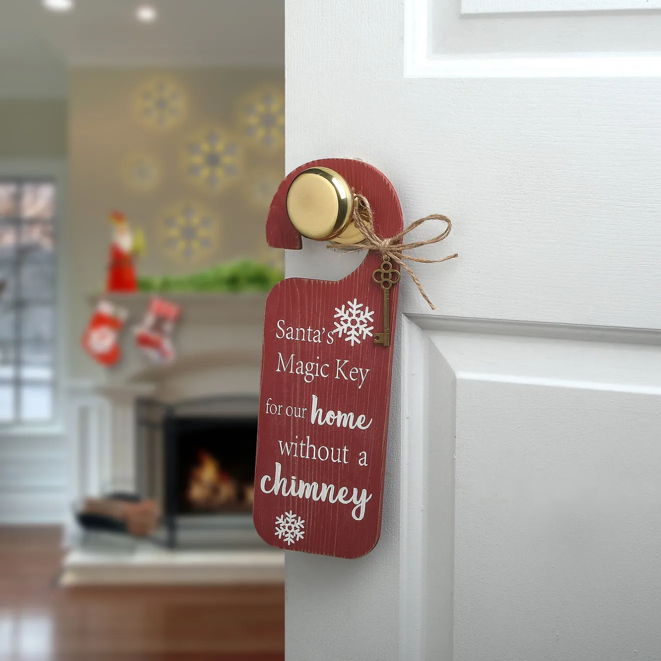 Sale 12 in. Santa's Key Doorknob Christmas Sign, Red with White Lettering and Decorative Ornate Key, Snowflakes Decorative Accents