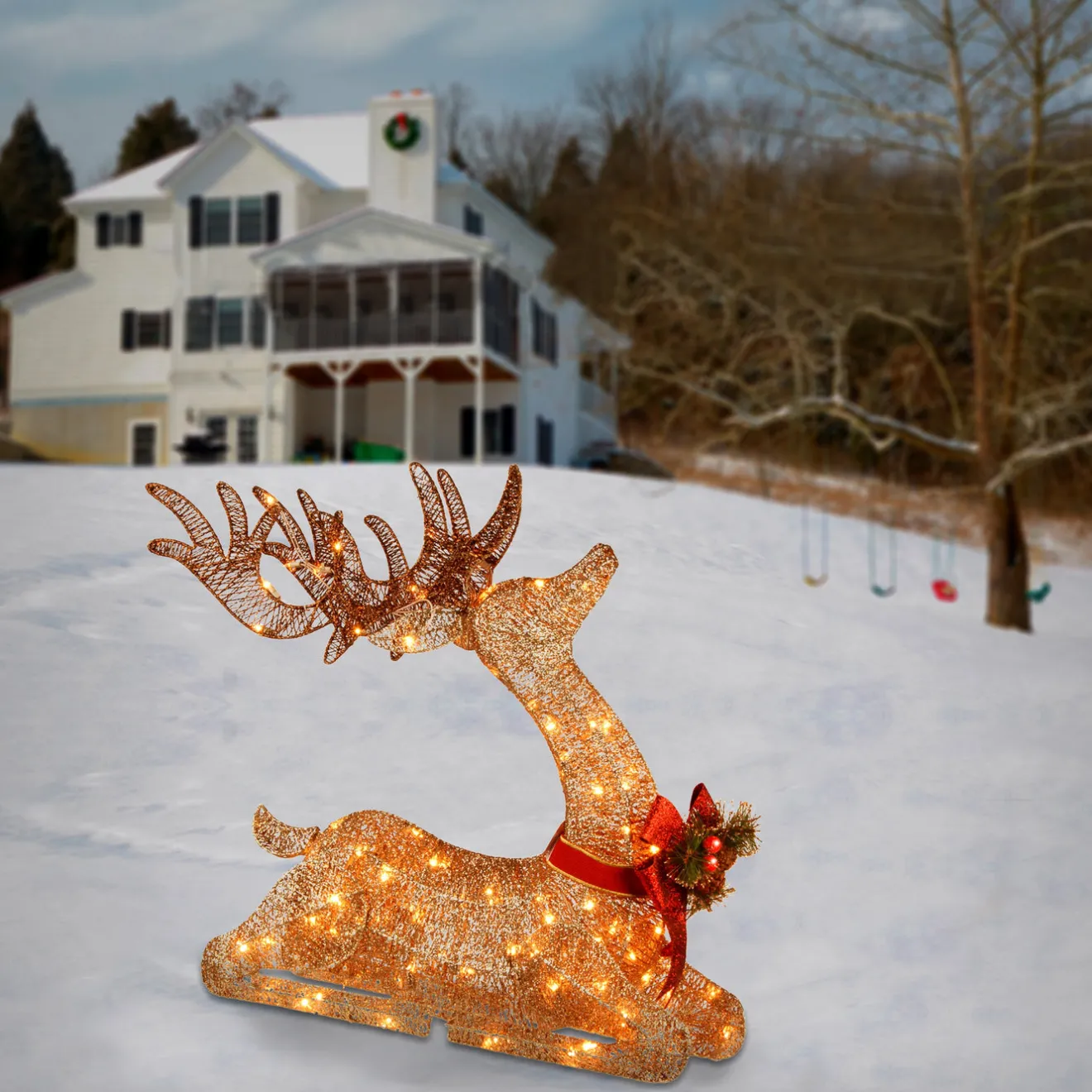 Discount 31 in. Sisal Splendor Champagne Lying Deer Yard Decorations