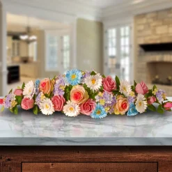New 33 in. Spring Blue & Pink Swag Rose, Gerbera & Hyrangea Flowers Swag Flower Arrangements