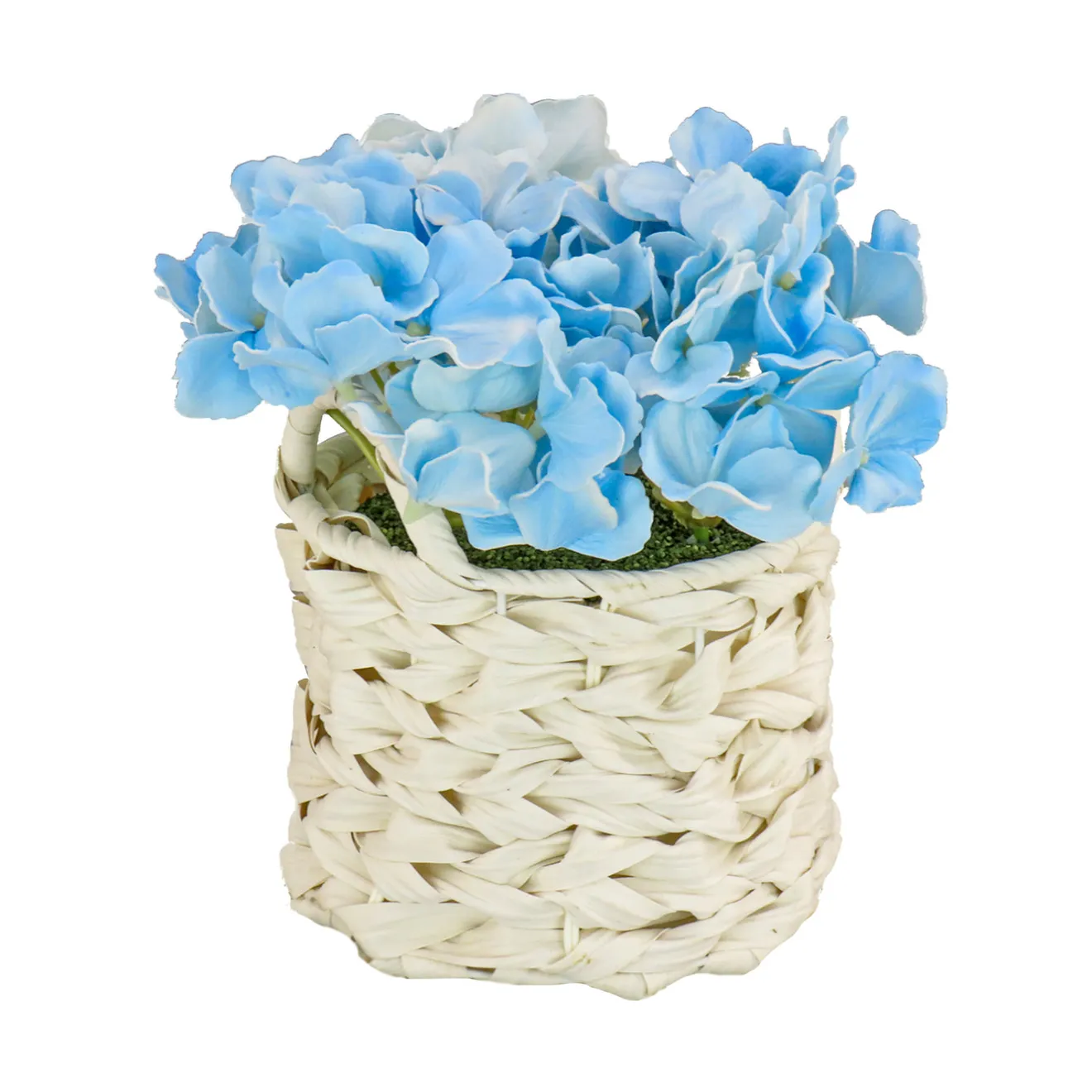 Hot 10 in. Spring Blue Hydrangea Bouquet in White Basket Flower Arrangements