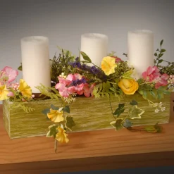22 in. Spring Candleholder Table Decoration with Flower Blooms, Berry Clusters, Leafy Greens Potted Plants
