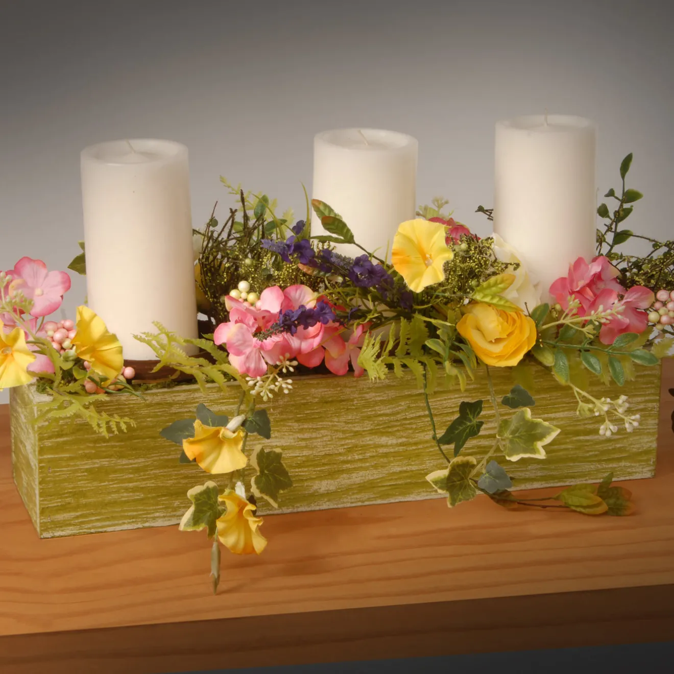 22 in. Spring Candleholder Table Decoration with Flower Blooms, Berry Clusters, Leafy Greens Potted Plants