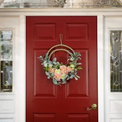 Sale 18 in. Spring Double Hoop Wreath with Peony, Rose, and Lamb's Ear Flower Blooms Wreaths