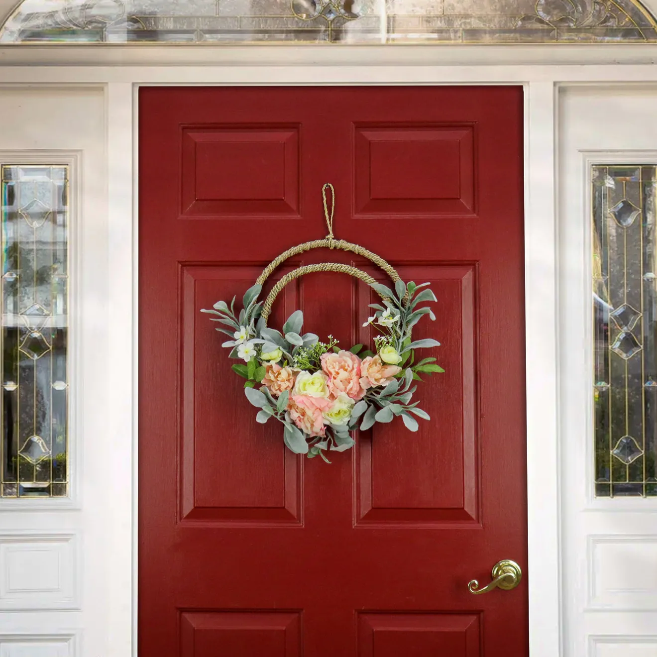 Sale 18 in. Spring Double Hoop Wreath with Peony, Rose, and Lamb's Ear Flower Blooms Wreaths