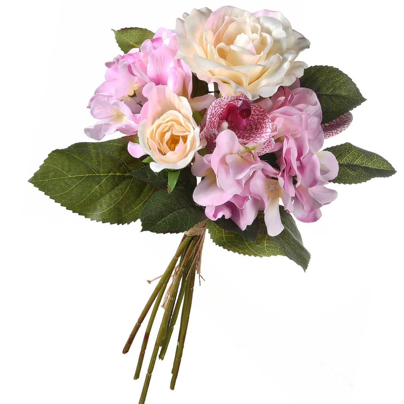 Online 13 in. Spring Floral Bouque with Purple Roses and White Orchid Blooms, Leafy Greens Flower Arrangements