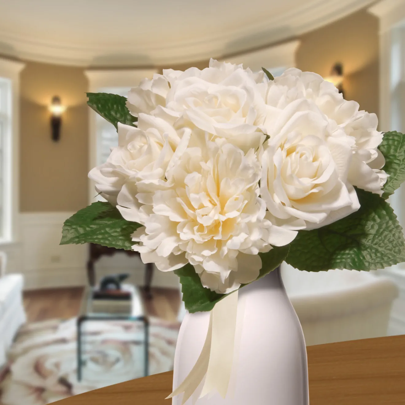Hot 12 in. Spring Floral Bouquet with Cream Rose and Peony Blooms, Ribbon, Seed Pods, Leafy Greens Flower Arrangements