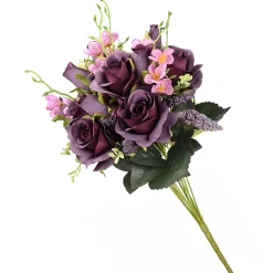 Discount 19 in. Spring Floral Bouquet with Deep Purple Rose Blooms, Pink Flowers, Seed Pods, Leafy Greens Flower Arrangements