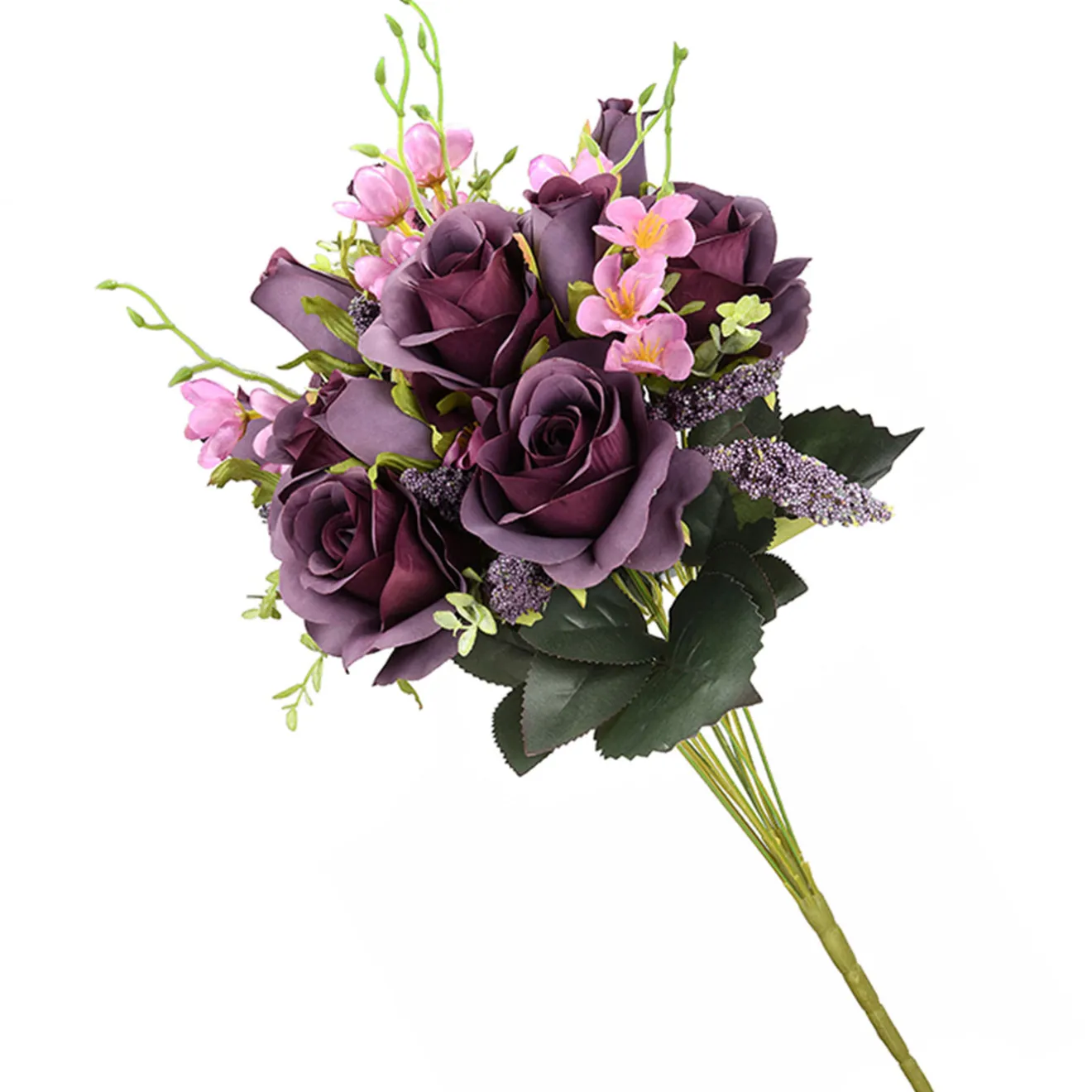 Discount 19 in. Spring Floral Bouquet with Deep Purple Rose Blooms, Pink Flowers, Seed Pods, Leafy Greens Flower Arrangements