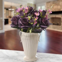 Discount 19 in. Spring Floral Bouquet with Deep Purple Rose Blooms, Pink Flowers, Seed Pods, Leafy Greens Flower Arrangements