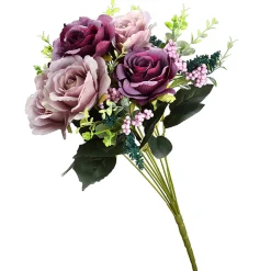 19 in. Spring Floral Bouquet with Purple and Pink Rose Blooms, Berry Clusters, Seed Pods, Leafy Greens Flower Arrangements