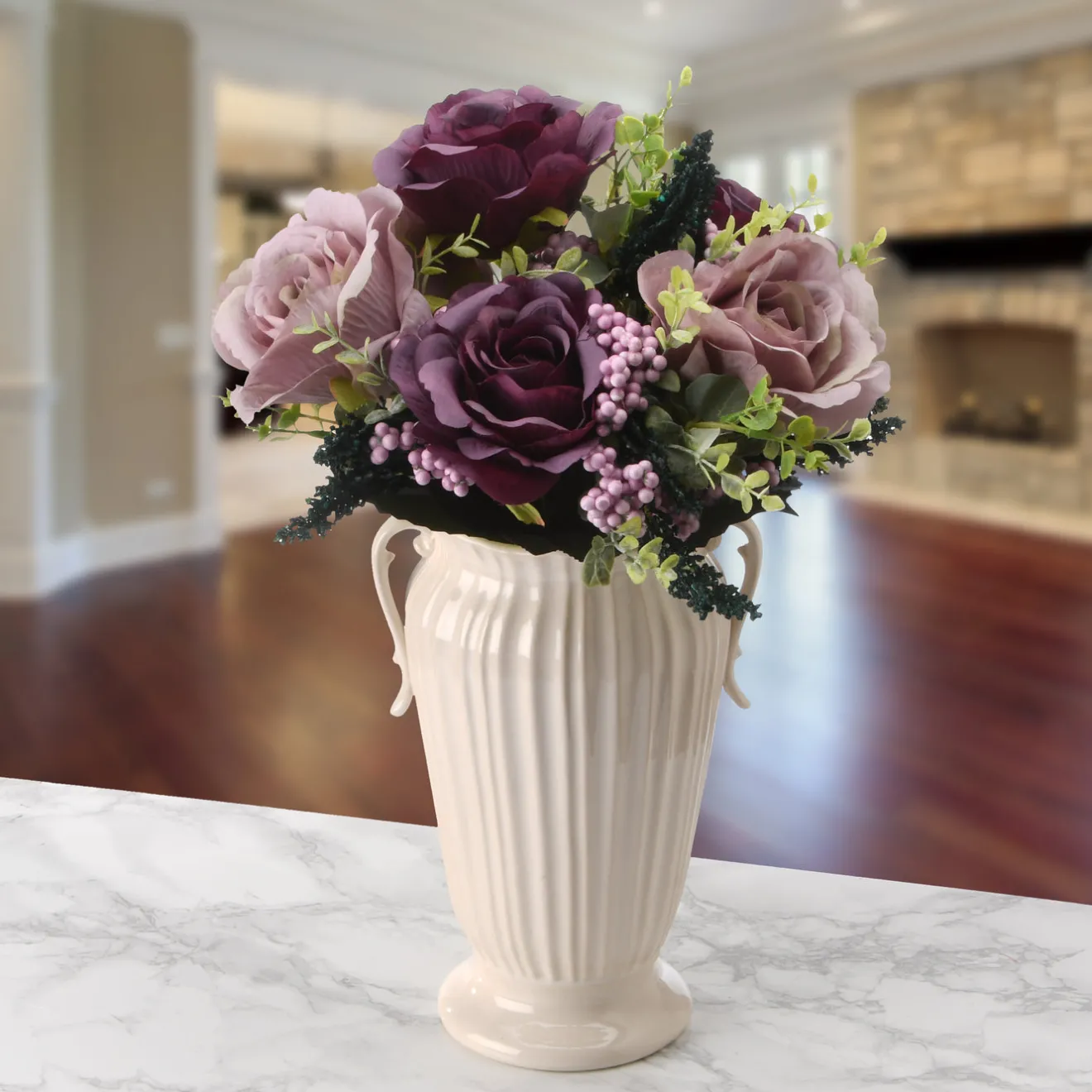 19 in. Spring Floral Bouquet with Purple and Pink Rose Blooms, Berry Clusters, Seed Pods, Leafy Greens Flower Arrangements