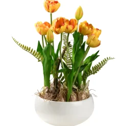 Hot 18 in. Spring Flower Potted Plant with Yellow Tulips, Vibrant Green Stems, Fern Fronds in a Stylish Ceramic Pot Base Potted Plants
