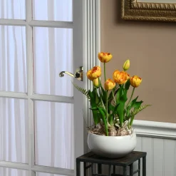 Hot 18 in. Spring Flower Potted Plant with Yellow Tulips, Vibrant Green Stems, Fern Fronds in a Stylish Ceramic Pot Base Potted Plants