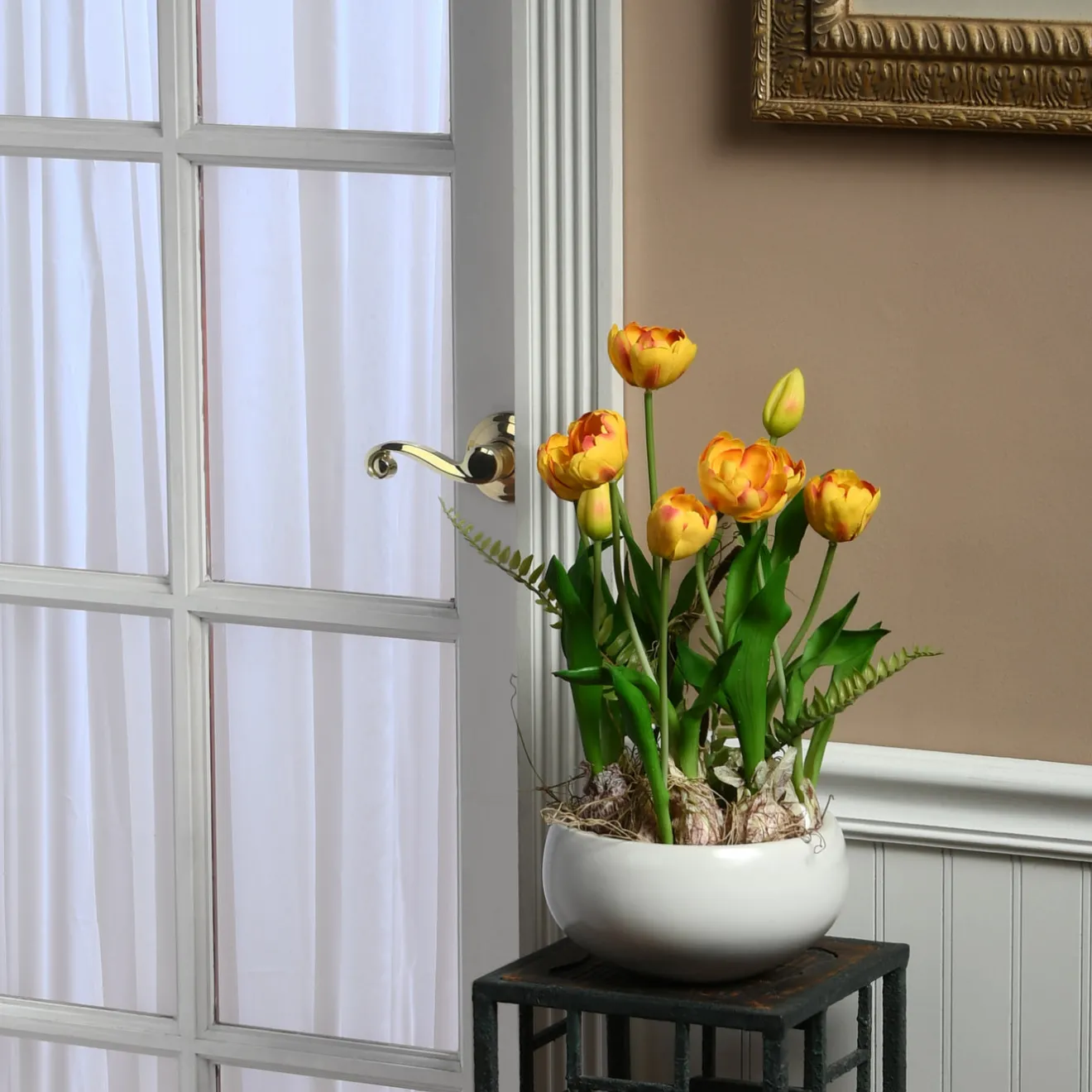 Hot 18 in. Spring Flower Potted Plant with Yellow Tulips, Vibrant Green Stems, Fern Fronds in a Stylish Ceramic Pot Base Potted Plants