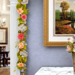 Best 70 in. Spring Garland with Multicolor Hydrangea, Rose and Dahlia Blooms, Berry Clusters, Leafy Greens Garlands & Swags