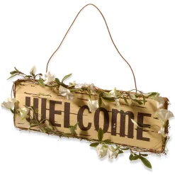 Sale 21 in. Spring Hanging Welcome Sign, Lightweight Wooden Construction with Leafy Vine Trim Decorative Accents