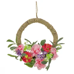 Clearance 16 in. Spring Hoop Wreath with Peony, Rose, and Globe Flower Blooms Wreaths
