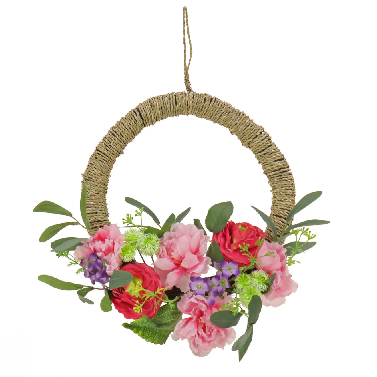 Clearance 16 in. Spring Hoop Wreath with Peony, Rose, and Globe Flower Blooms Wreaths
