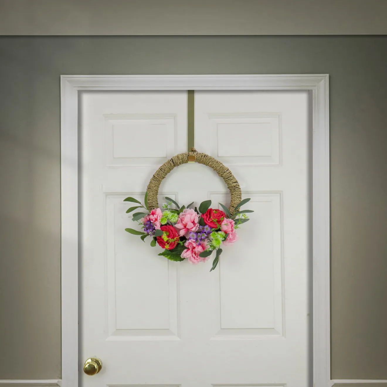 Clearance 16 in. Spring Hoop Wreath with Peony, Rose, and Globe Flower Blooms Wreaths