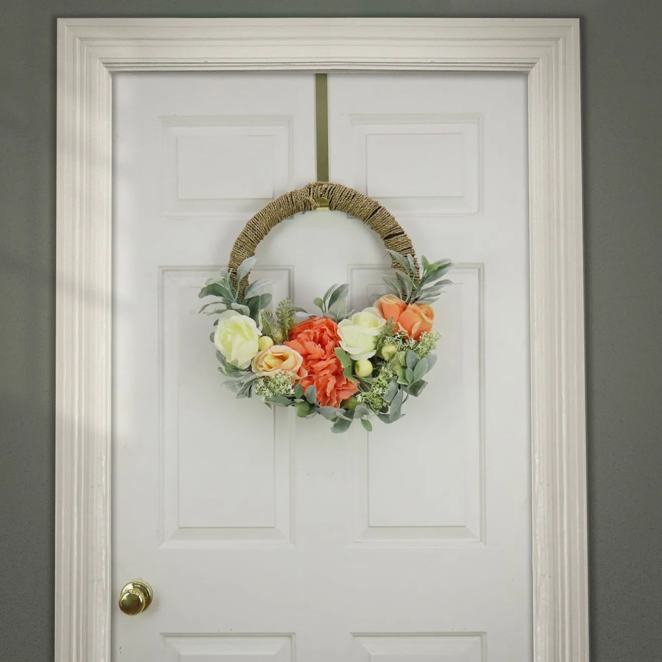 Outlet 20 in. Spring Hoop Wreath with Peony, Rose, and Lamb's Ear Flower Blooms Wreaths