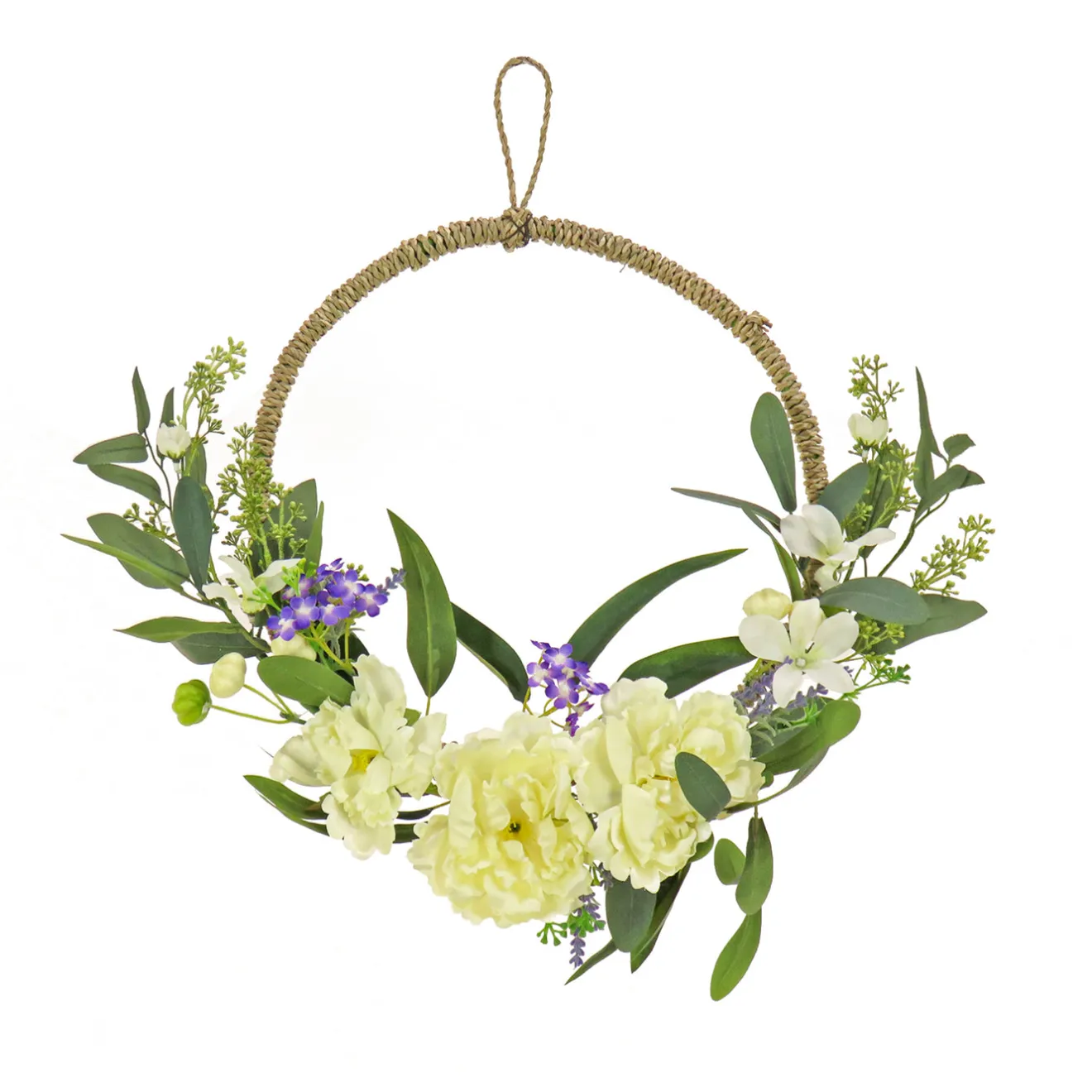 Hot 18 in. Spring Hoop Wreath with Peony Flower Blooms, Mini Blossoms, and Flowing Green Stems Wreaths