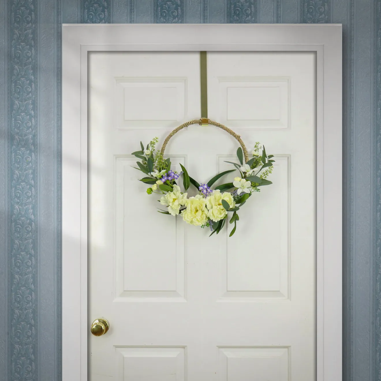 Hot 18 in. Spring Hoop Wreath with Peony Flower Blooms, Mini Blossoms, and Flowing Green Stems Wreaths
