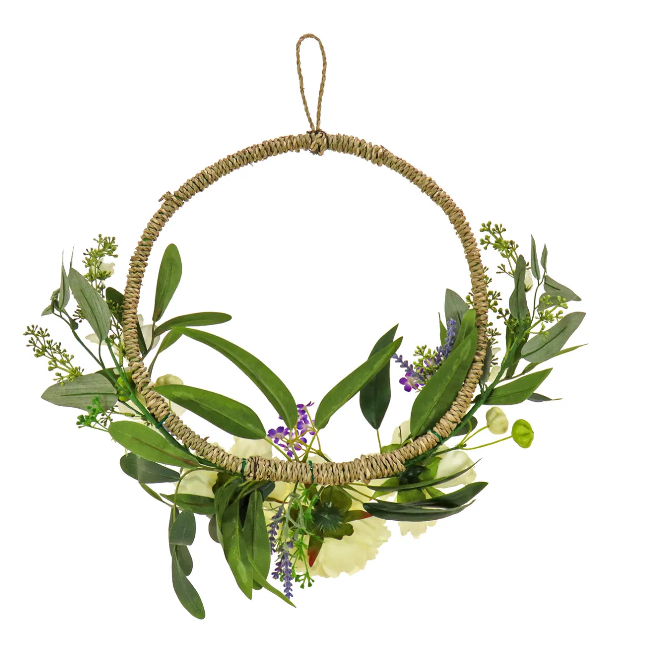 Hot 18 in. Spring Hoop Wreath with Peony Flower Blooms, Mini Blossoms, and Flowing Green Stems Wreaths