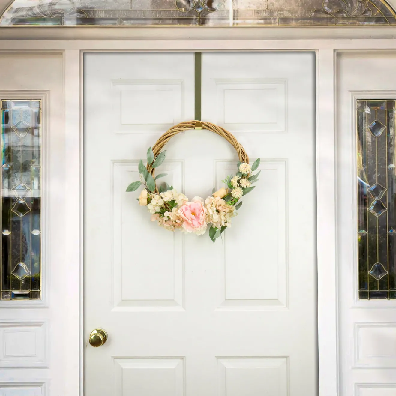 Best 19 in. Spring Hoop Wreath with Wild Rose and Peony Flowers Wreaths